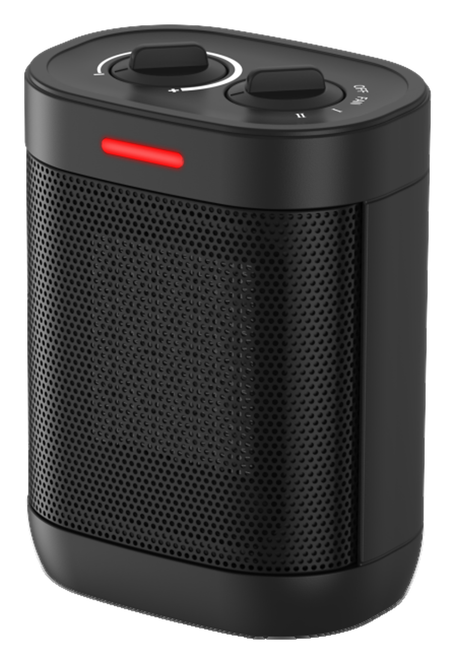 Black compact ceramic heater with 700 W and 1,000 W heat settings